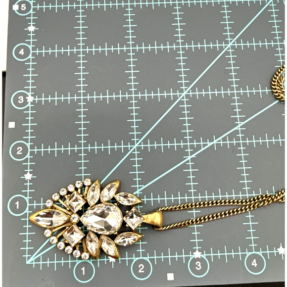 J Crew Necklace 30" Crystal Rhinestone Teardrop Pendant Antiqued Gold Tone - Picture 3 of 6